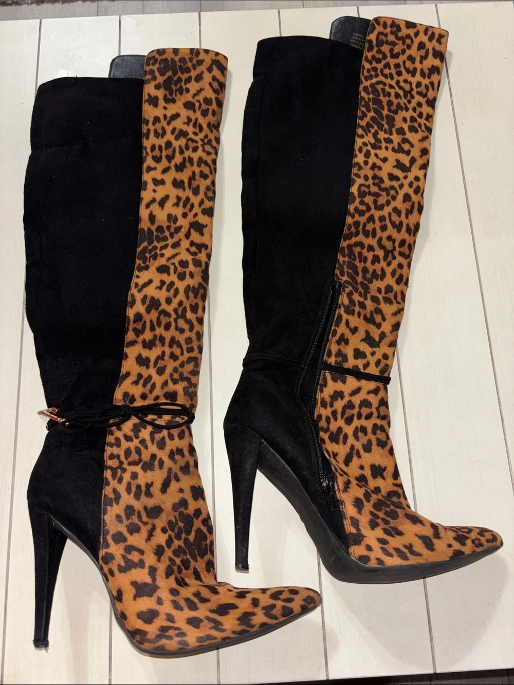 Glamorous Black & Leopard Over-the-Knee High-Heel Boots